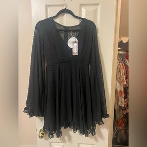 BOOHOO Black sheer, ruffled, bell sleeved dress. Size 6. New w/ tags.